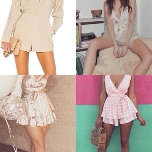 Blithe LA Tan Romper S Open Back Rhinestone Sleeves Deep V Neck Sexy NWT $64.99